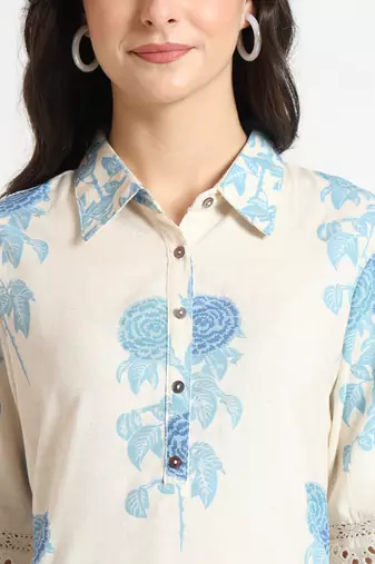 Divena cream blue floral print cotton fabric a-line kurta