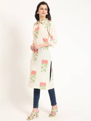 Divena cream pink floral print cotton fabric kurta 4