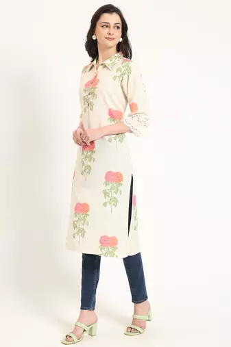Divena cream pink floral print cotton fabric kurta