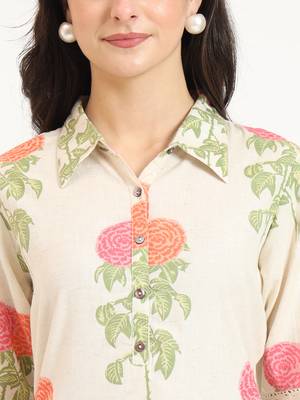 Divena cream pink floral print cotton fabric kurta 5