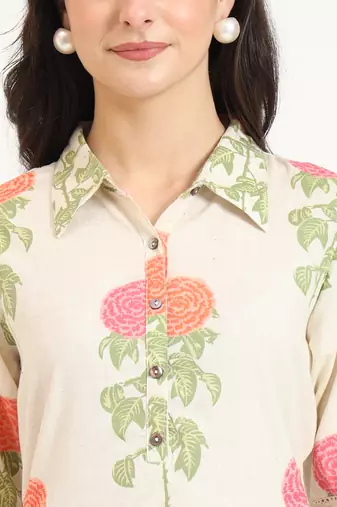 Divena cream pink floral print cotton fabric kurta