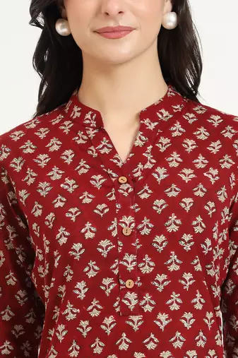 Divena maroon floral print cotton fabric straight top