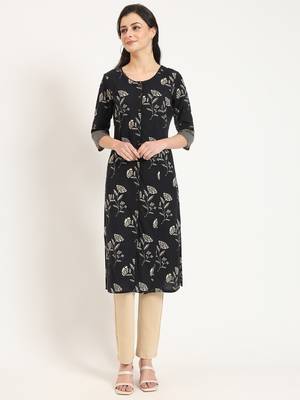 Divena black floral print cotton fabric a-line kurta 1