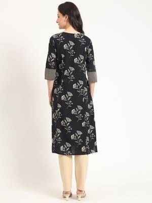Divena black floral print cotton fabric a-line kurta 2