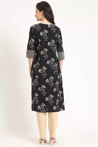 Divena black floral print cotton fabric a-line kurta