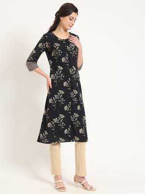 Divena black floral print cotton fabric a-line kurta 3