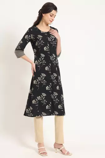 Divena black floral print cotton fabric a-line kurta