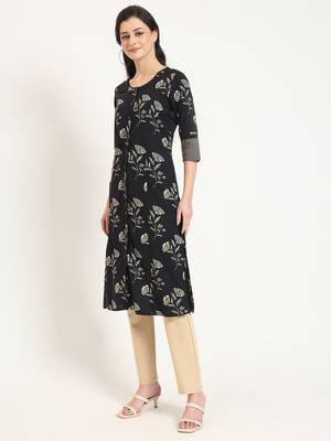 Divena black floral print cotton fabric a-line kurta 4