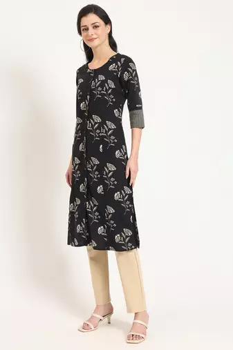 Divena black floral print cotton fabric a-line kurta