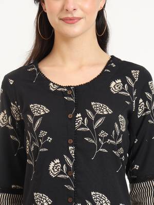 Divena black floral print cotton fabric a-line kurta 5