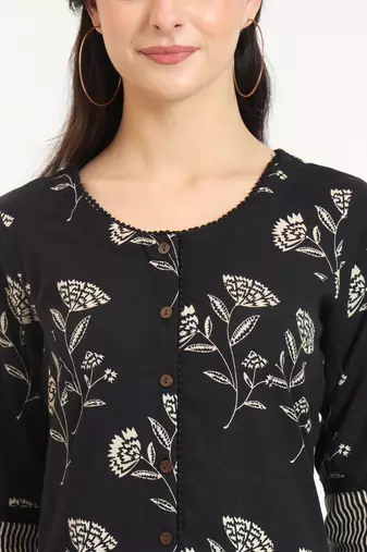 Divena black floral print cotton fabric a-line kurta