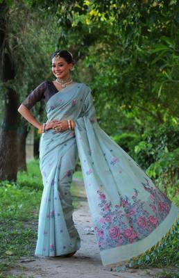 Sky soft muga cotton weaving saree with resham woven fancy tassels 1