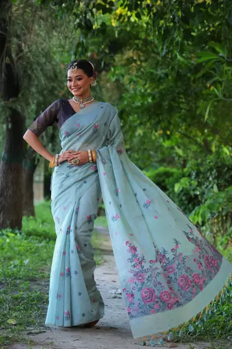 Sky soft muga cotton weaving saree with resham woven fancy tassels
