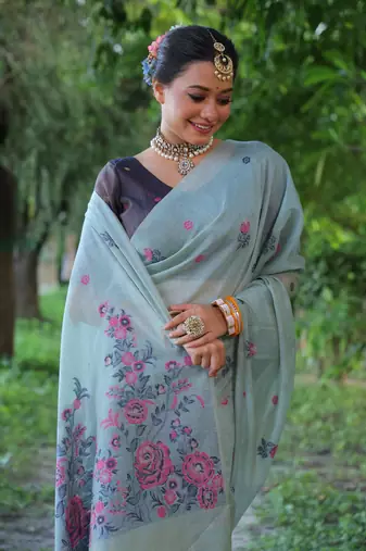 Sky soft muga cotton weaving saree with resham woven fancy tassels
