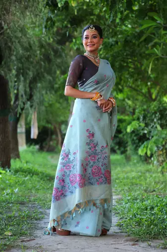 Sky soft muga cotton weaving saree with resham woven fancy tassels