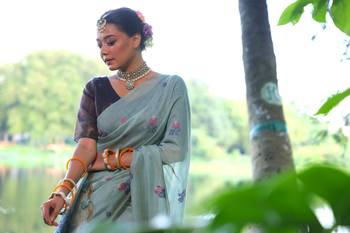 Sky soft muga cotton weaving saree with resham woven fancy tassels 4