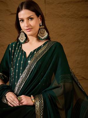 Women green silk blend foil print embroidered anarkali kurta churidar with dupatta 2