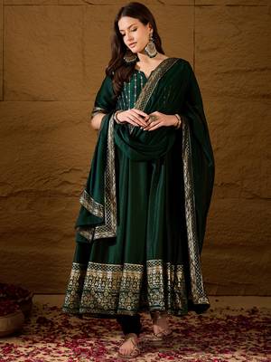 Women green silk blend foil print embroidered anarkali kurta churidar with dupatta 1