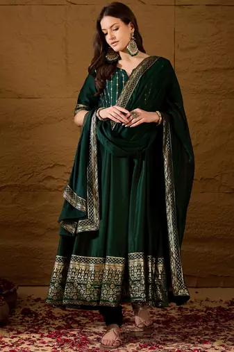 Women green silk blend foil print embroidered anarkali kurta churidar with dupatta