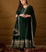 Women green silk blend foil print embroidered anarkali kurta churidar with dupatta