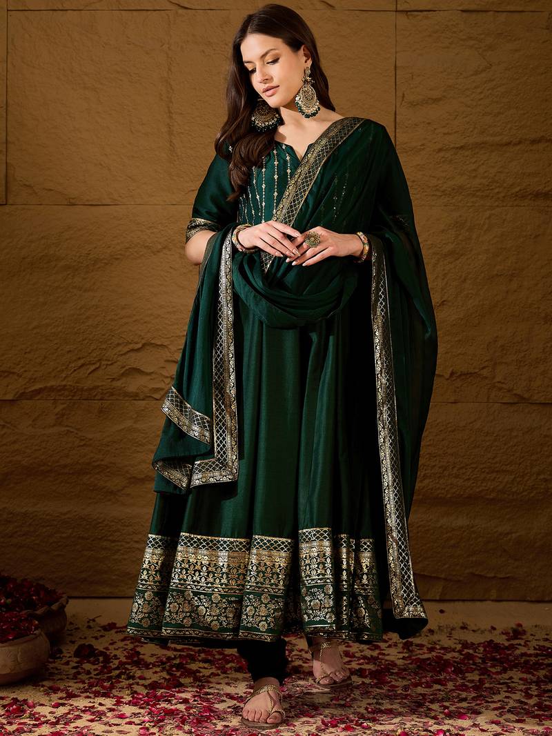 Women green silk blend foil print embroidered anarkali kurta churidar with dupatta