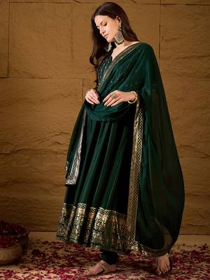 Women green silk blend foil print embroidered anarkali kurta churidar with dupatta 3