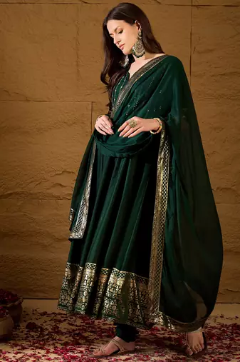 Women green silk blend foil print embroidered anarkali kurta churidar with dupatta