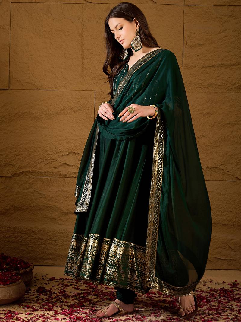 Women green silk blend foil print embroidered anarkali kurta churidar with dupatta