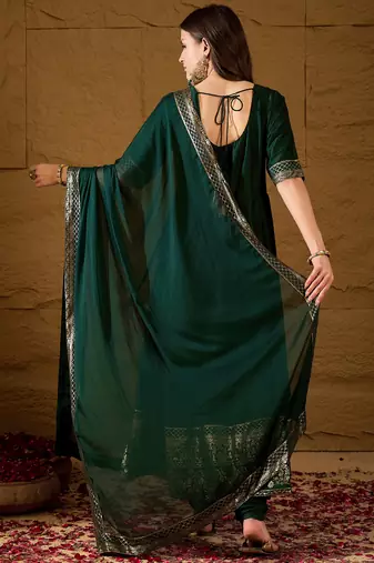 Women green silk blend foil print embroidered anarkali kurta churidar with dupatta