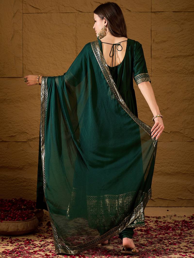 Women green silk blend foil print embroidered anarkali kurta churidar with dupatta