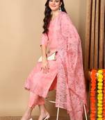 Women pink organza floral embroidered straight kurta trouser with dupatta