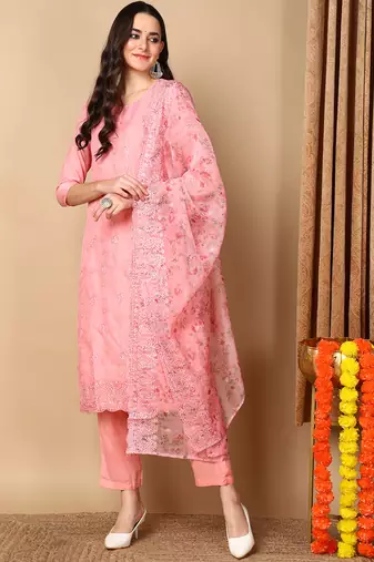 Women pink organza floral embroidered straight kurta trouser with dupatta