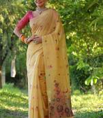 Yellow soft muga cotton weaving saree with resham woven fancy tassels