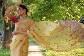 Yellow soft muga cotton weaving saree with resham woven fancy tassels 2