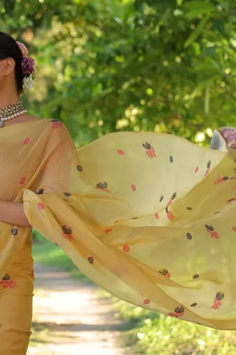 Yellow soft muga cotton weaving saree with resham woven fancy tassels