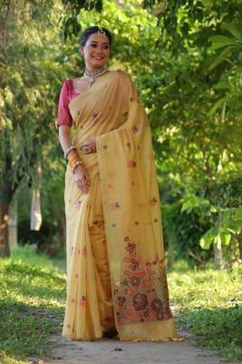 Yellow soft muga cotton weaving saree with resham woven fancy tassels 3