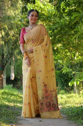 Yellow soft muga cotton weaving saree with resham woven fancy tassels