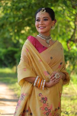Yellow soft muga cotton weaving saree with resham woven fancy tassels 4