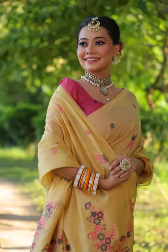 Yellow soft muga cotton weaving saree with resham woven fancy tassels