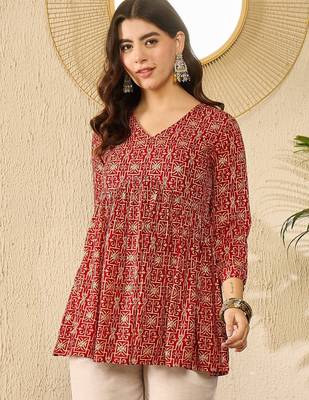 Women red viscose rayon ethnic motifs printed regular top 1