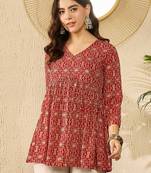 Women red viscose rayon ethnic motifs printed regular top