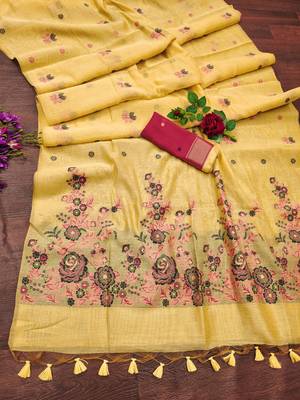 Yellow soft muga cotton weaving saree with resham woven fancy tassels 5