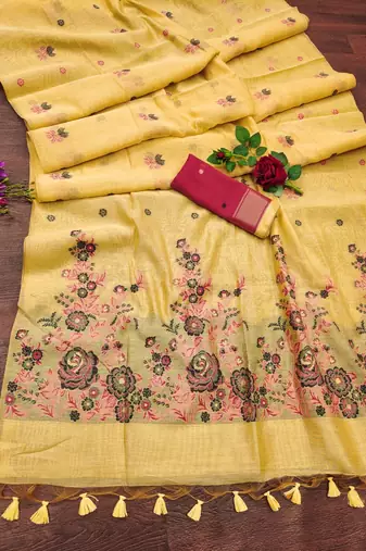 Yellow soft muga cotton weaving saree with resham woven fancy tassels
