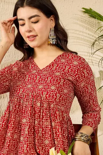 Women red viscose rayon ethnic motifs printed regular top