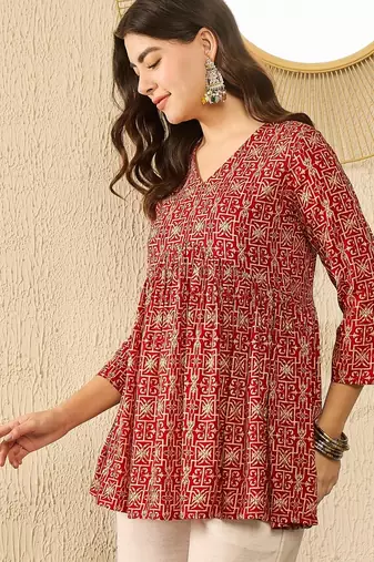 Women red viscose rayon ethnic motifs printed regular top