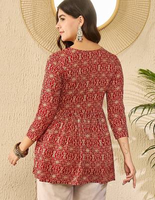 Women red viscose rayon ethnic motifs printed regular top 4