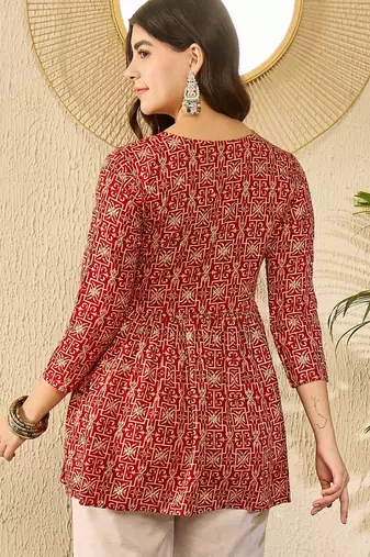 Women red viscose rayon ethnic motifs printed regular top