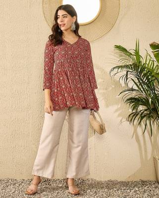 Women red viscose rayon ethnic motifs printed regular top 5