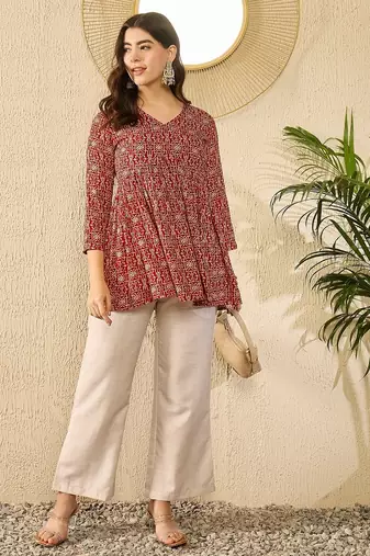 Women red viscose rayon ethnic motifs printed regular top