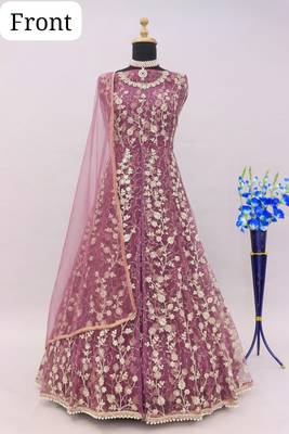 Pink embroidered butterfly net semi stitched anarkali suit 4